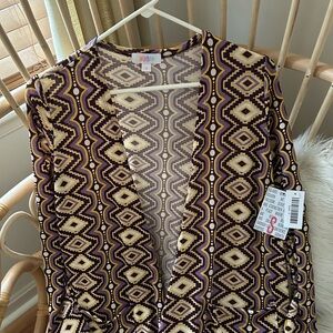 LuLaRoe Purple and Cream Geometric Open Cardigan with Yellow Accents
